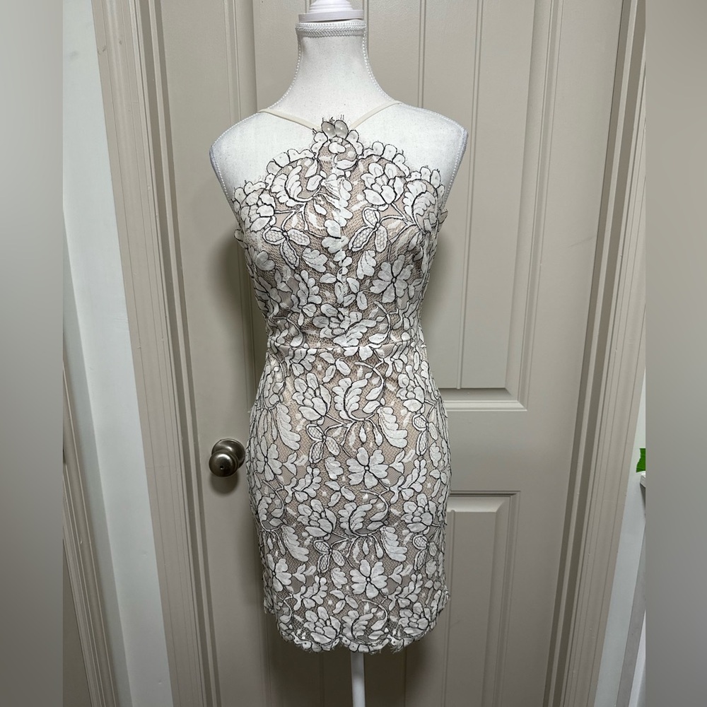 Lulu's Nude Sheath Dress with White Floral Lace